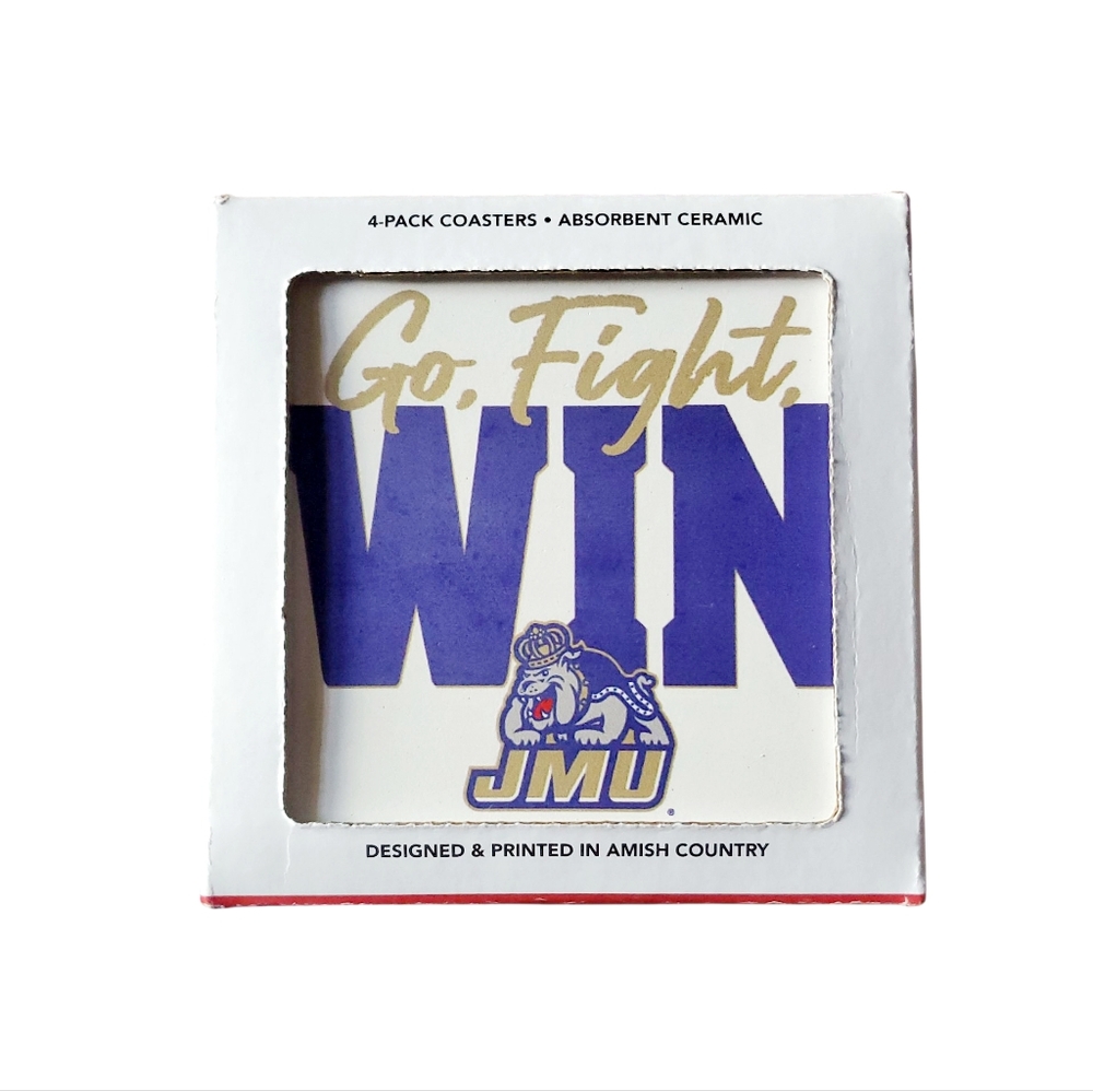 4-pack of James Madison University (JMU) Ceramic Coasters "Go, Fight, WIN" NIP